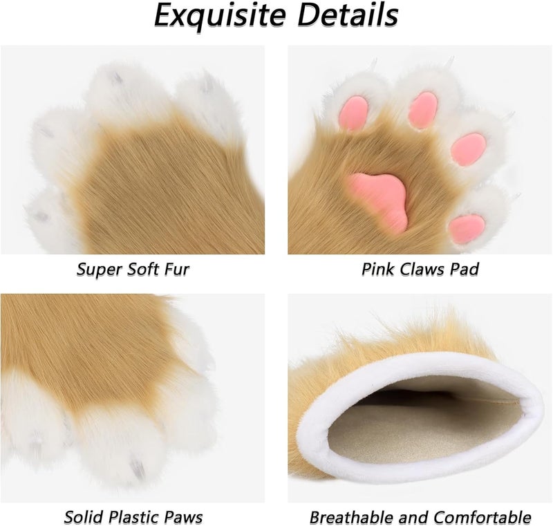 hbbhml Faux Fur Plush Furry Cat Claw Gloves Fursuit Animal Fox Paws Mittens Halloween Cosplay Costume Accessories for Adult - Image 5